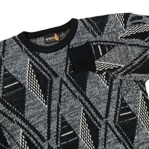 VINTAGE SASSON Mens XL Black White Gray Geometric Knit Pullover Crewneck Sweater